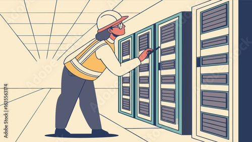 Server room maintenance engineer inspecting data center hardware and it equipment for optimal performance