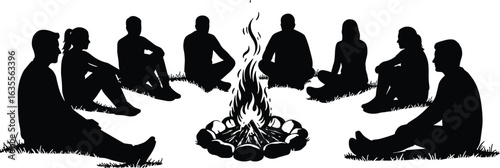 Silhouette of people sitting around campfire, outdoor gathering, camping night illustration, friends by fire, bonfire community scene, group relaxation vector, evening nature adventure concept art.