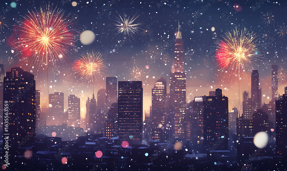 Fototapeta premium Christmas and New Year background with festive decorations, snowflakes, and holiday-themed elements. Ideal for greeting cards, invitations, and seasonal designs.