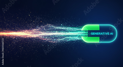 Glowing capsule with generative ai text and light streaks technology digital