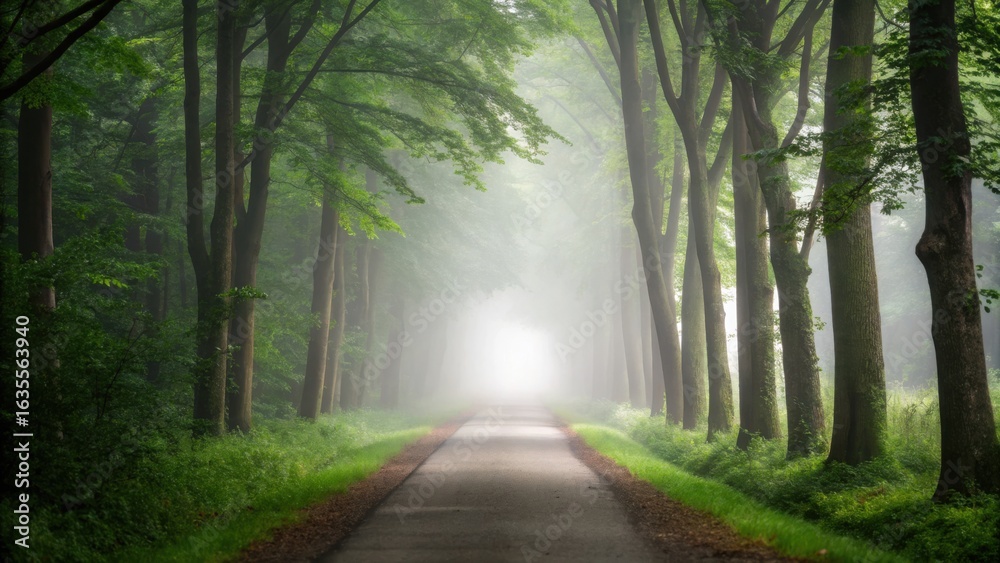 Fototapeta premium A misty forest path leads towards a bright ethereal light at the end of the lane