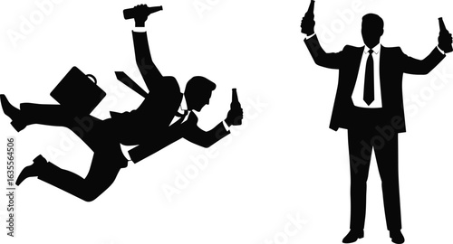 Silhouette of armed businessmen in suits, action shooting pose, flying and standing figures, corporate crime concept, spy combat illustration, vector weapon danger scene graphic design.
