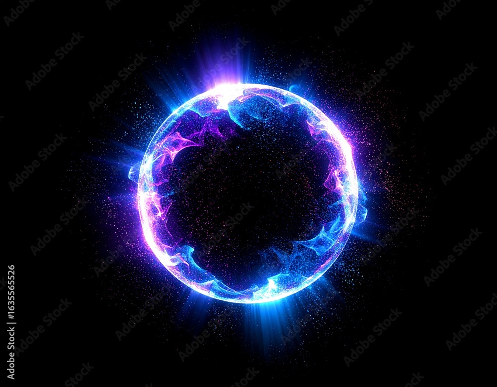 Obraz premium Glowing orb of purple and blue energy, swirling particles and bright center against black background