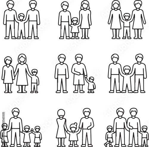 Diverse family structures icon set. Line art pictograms of same-sex parents, single parents, and traditional families with children.