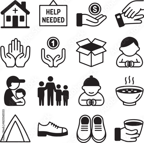 A collection of line icons representing concepts of charity, donation, poverty, and humanitarian assistance.