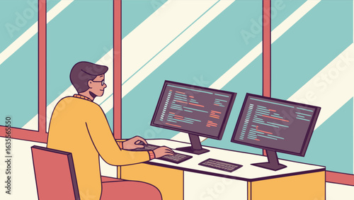 Illustration of programmer coding on computer developer working software engineer at desk in office space