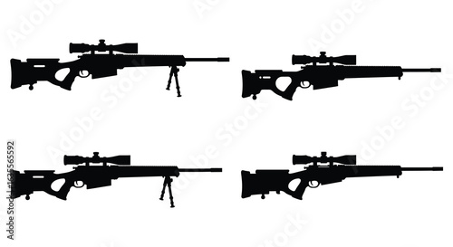 Silhouette of Sniper Rifles with Scopes Military Weapons and Tactical Gear, Flat vector