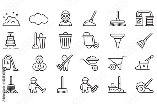 Black and White Cleaning Service Icons for Industrial Use

