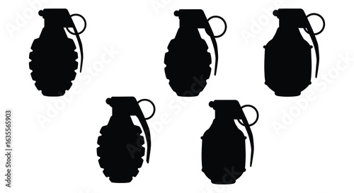 Five Grenade Silhouettes Arranged on a White Background for Graphic Design, Flat vector