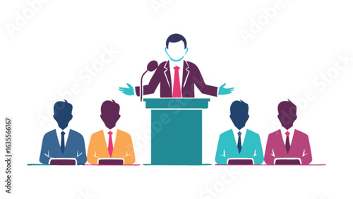Political speech event with speaker at podium giving presentation to audience vector illustration design
