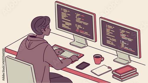 Freelance developer working on computer with dual monitors coding programming software development concept