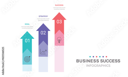 Modern Business Success Infographic with 3 Colorful Arrow Steps for Goal, Strategy, and Success. Marketing, Startup, and Growth Presentations Template Vector.