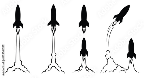 Rocket Launch Silhouette Collection with Smoke Trails on White Background, Flat vector