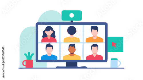 Online meeting video conference call remote work from home telecommuting vector illustration design concept