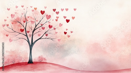 A tree in a tranquil park, heart-shaped leaves falling like confetti, creating a romantic atmosphere with a soft pink sunset in the background on Valentine's Day. watercolor style,