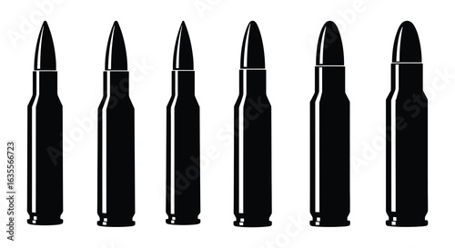 Black and White Silhouette of Rifle Bullets in a Row on White Background, Flat vector