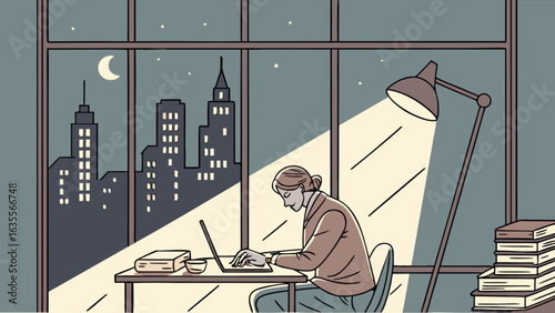 Woman working late night at home office on laptop with city view and lamp illustration vector