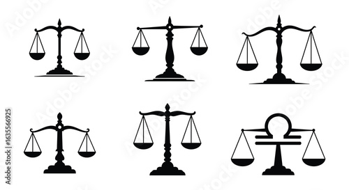Set of Black and White Justice Scales Icons, Flat vector