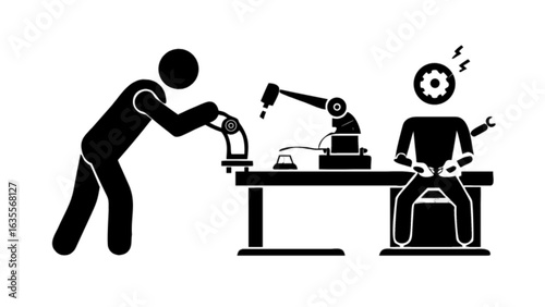 Robotics automation industry manufacturing process stick figures engineering factory assembly line production
