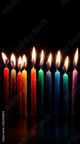Colorful birthday candles glow warmly against a dark background, creating a festive atmosphere for celebration and joy