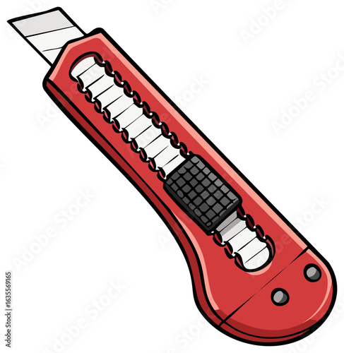 Cartoon style red box cutter, sharp retractable utility knife illustration.