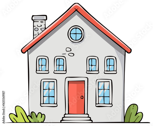 Cartoon Home with Red Roof and Door Illustration Cute House Graphic