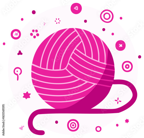 Flat Design Vector Illustration of a Bright Pink Yarn Ball with Abstract Crafting and Hobby Icons