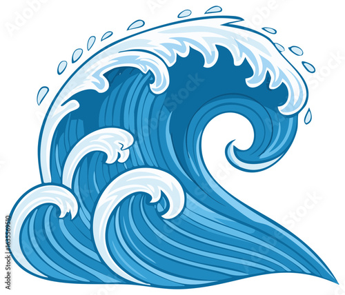 Blue ocean waves illustration with splashing water, ocean tidal wave in cartoon graphic style, sea surf isolated
