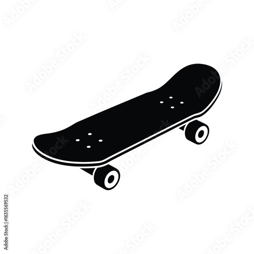 Black skateboard with white wheels on a white background