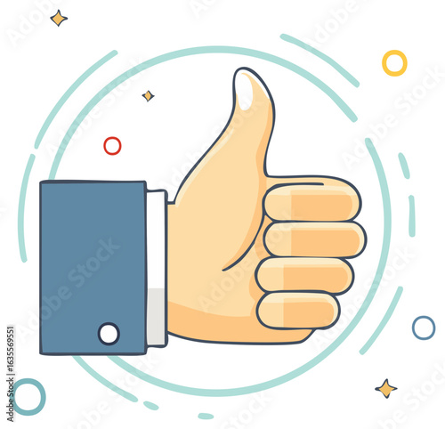 Cartoon hand giving thumbs up gesture in suit sleeve expressing approval agreement satisfaction positivity with circle decorations
