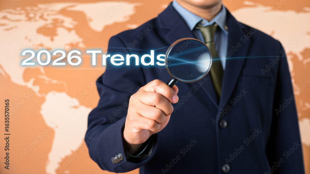 Business expert in navy blazer examining future trends with magnifying glass Business expert in navy blazer examining future trends with magnifying glass