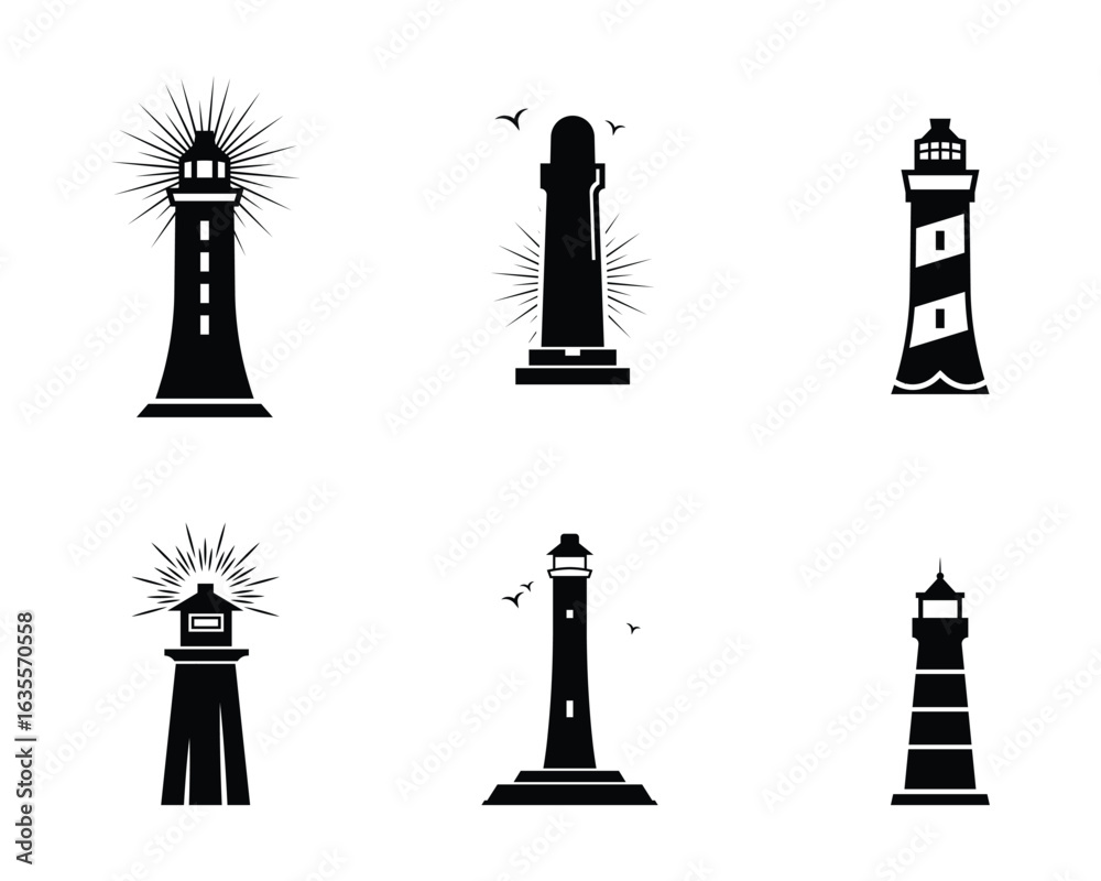 Fototapeta premium Lighthouse set collection pack bundle black shape icon silhouette vector flat illustration design on white background