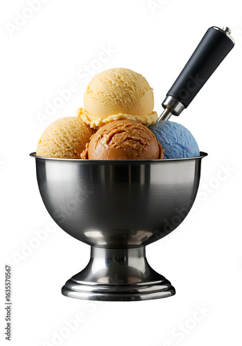 Photo of a Delicious Ice Cream Dessert in a Silver Bowl and Scoop