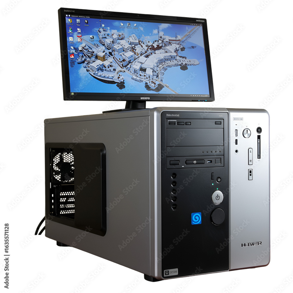Fototapeta premium Photo of a Silver and Black Computer Desktop Displaying a Digital Screen
