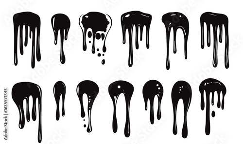 Set of dripping black liquid silhouettes with various melting shapes and paint drip effects isolated on white background vector illustration for design and artistic use