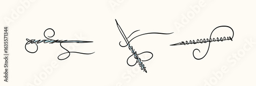 Hand drawn minimalist sewing needle with thread illustrations in continuous line style showing embroidery and stitching techniques graphic vector set for textile crafts design