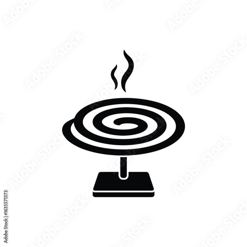 Black silhouette of a mosquito repellent coil burning on a stand with smoke rising