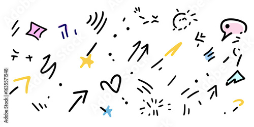 Abstract hand drawn doodle arrows sparkles stars hearts and motion lines in colorful minimalist vector style for design decoration and emphasis effects