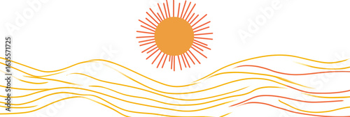 Minimalist flat vector illustration of orange sun with radiating rays above wavy horizontal lines representing abstract landscape or waves on white background