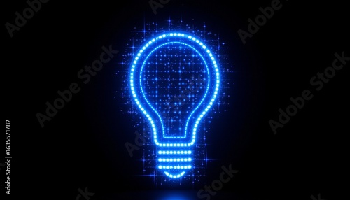 An illuminated light bulb that is connected to a blue circuit board. The circuit board features a series of glowing dots, giving it a digital appearance