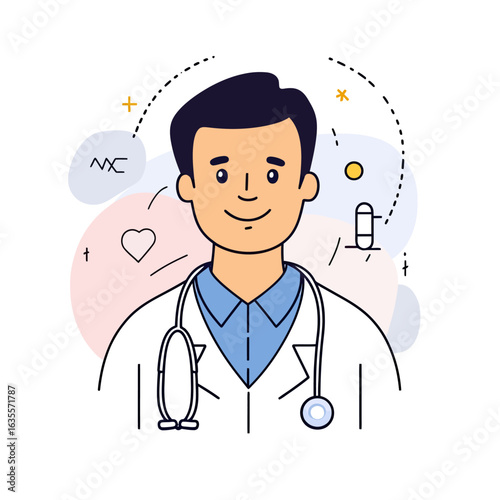Smiling male doctor character with stethoscope in white coat medical healthcare professional vector illustration flat minimalist style