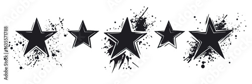 Black ink sketch stars set with grunge splatter elements five pointed star shapes in minimalist vector design isolated on white background