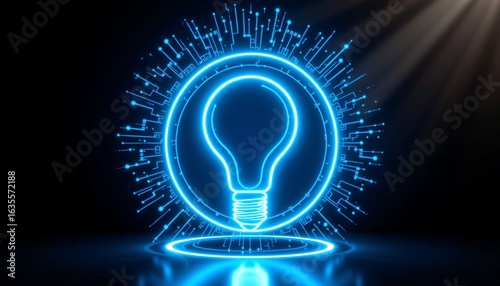 An illuminated light bulb emanating blue sparks against a dark background