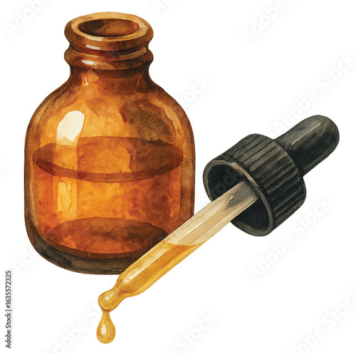 Amber essential oil bottle with dropper and oil drop watercolor