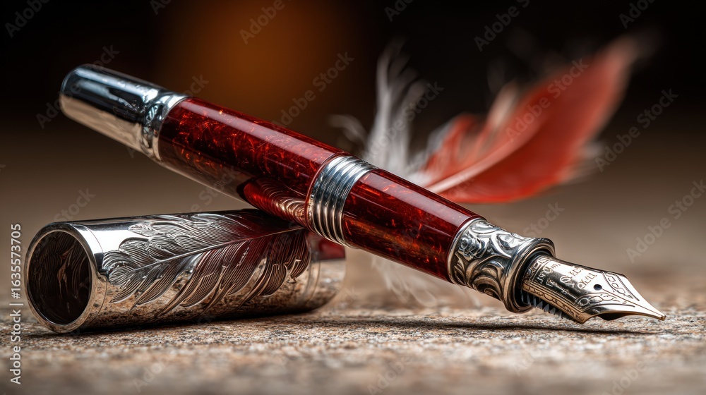 Naklejka premium Intricate red and silver fountain pen