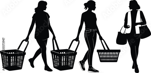 Silhouette of three women carrying shopping baskets and bags, walking, female shoppers, retail, consumer lifestyle, shopping activity, fashion, commerce
