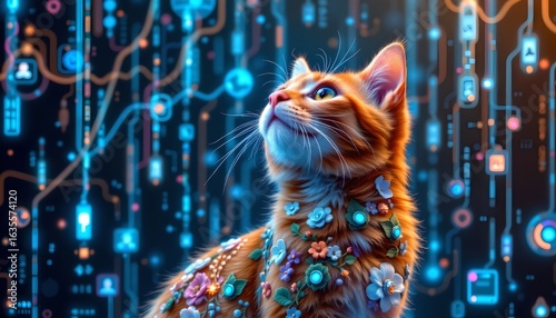 a cat standing upright amidst intricate digital or technological circuits, creating an otherworldly atmosphere with hues of blue and purple lights.