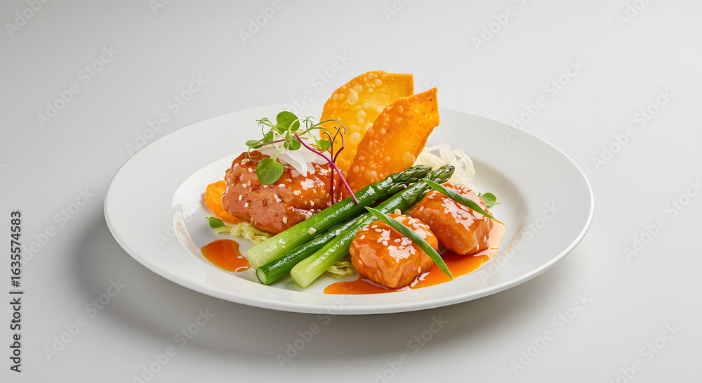Exquisite culinary presentation of asian fusion cuisine with crisp golden wontons and fresh Exquisite culinary presentation of asian fusion cuisine with crisp golden wontons and fresh