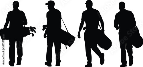Silhouette of four male golfers carrying golf bags, walking, golf players, sportsmen, outdoor activity, leisure, golf equipment, athletic lifestyle