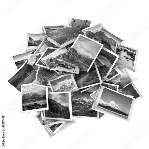 Monochrome landscape photos pile, memories, studio, background blur, website